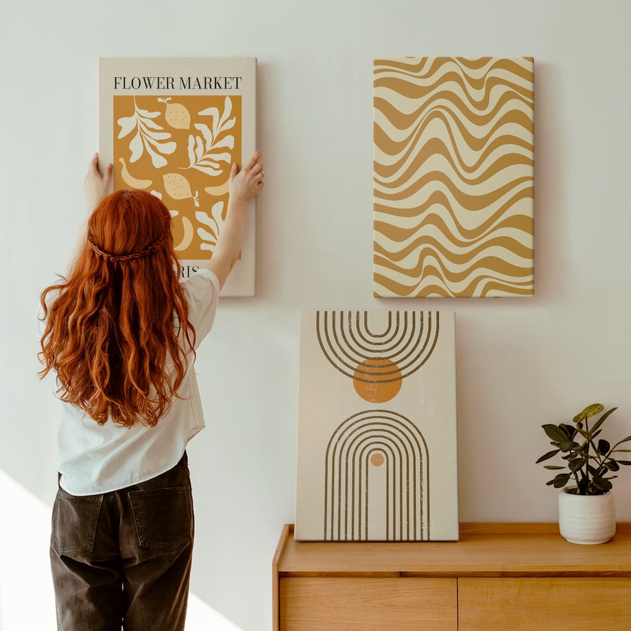 Zestaw 3 dużych obrazów na płótnie - Wzory roślinne geometryczne postery - pomarańczowy