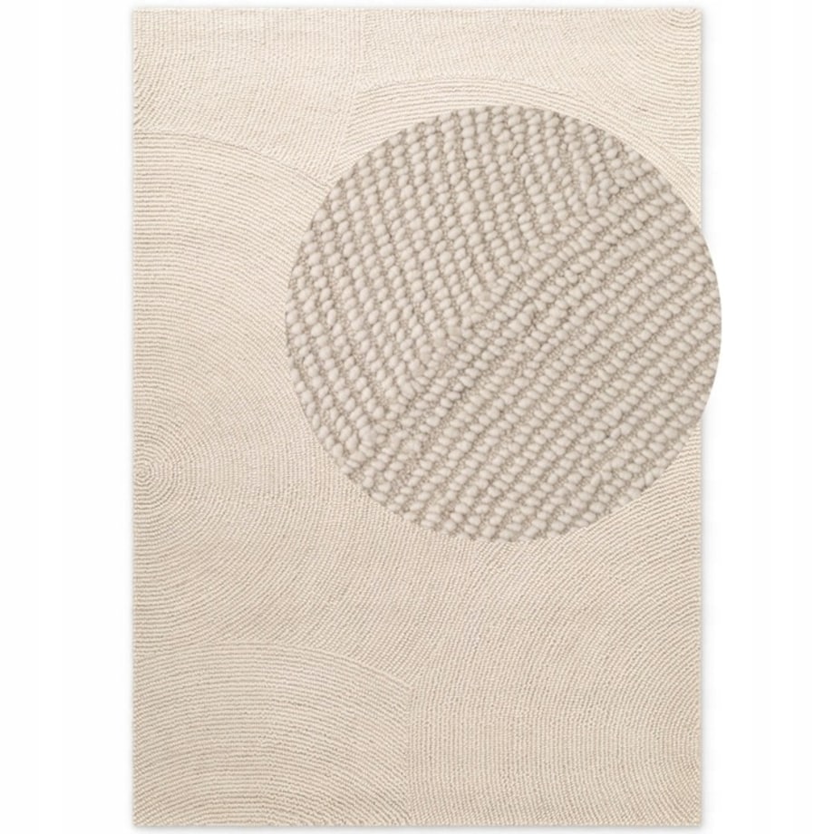 Dywan wełniany do salonu 160x230cm, kremowy wzór w półkola, efekt 3d