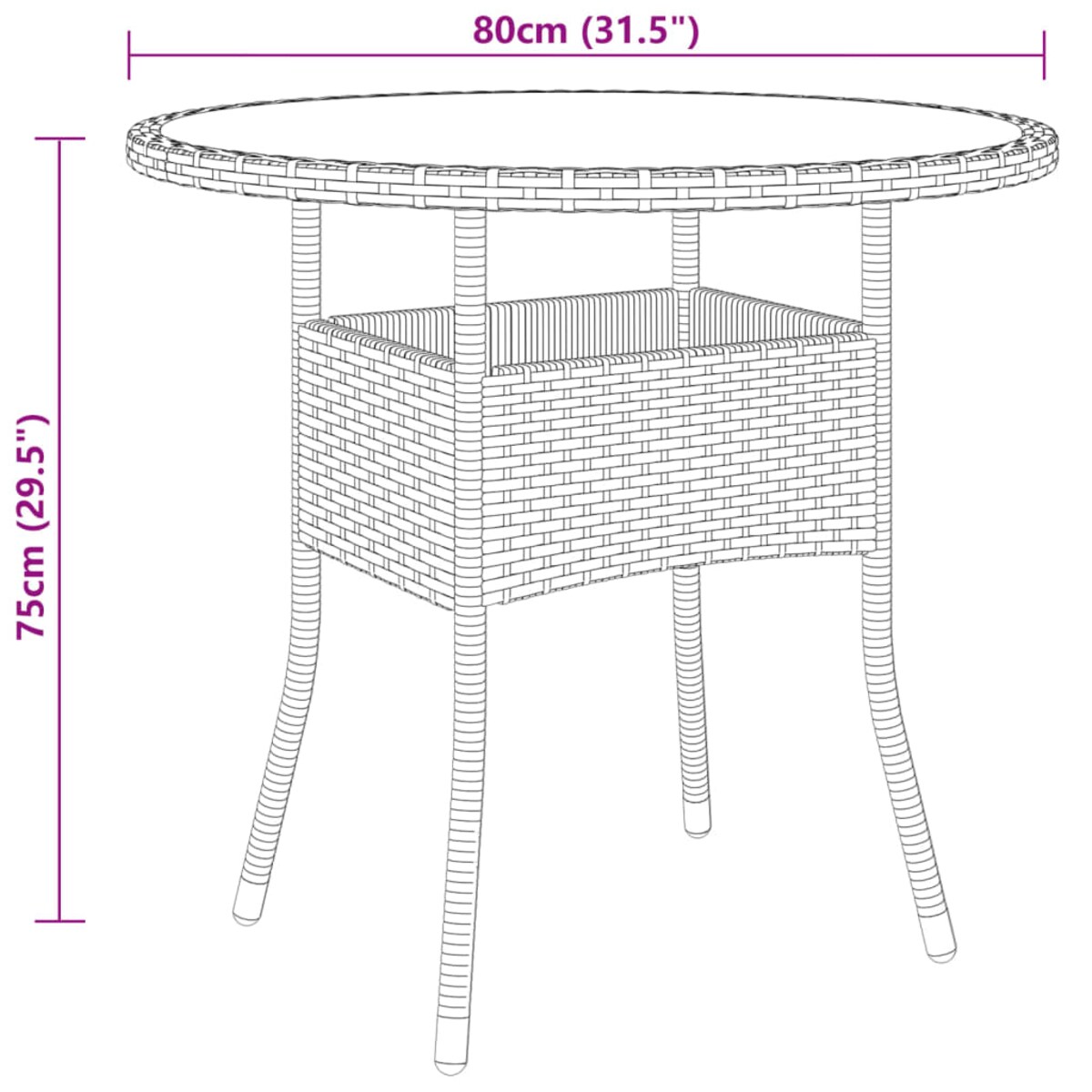 vidaXL Stolik ogrodowy, Ø80x75 cm, szkło hartowane i rattan PE, czarny