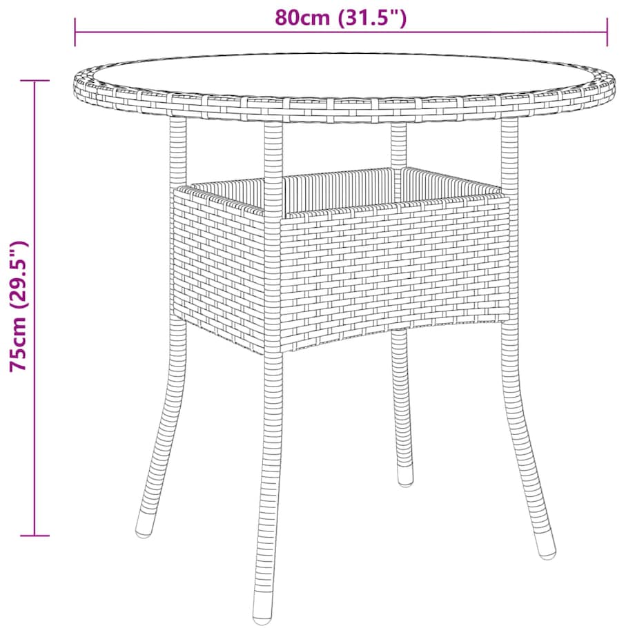 vidaXL Stolik ogrodowy, Ø80x75 cm, szkło hartowane i rattan PE, czarny