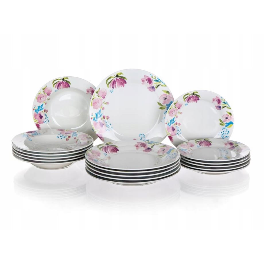 KOMPLET OBIADOWY 6 osób W RÓŻOWE KWIATY BANQUET talerze jadalnia serwis