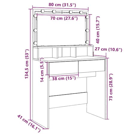 vidaXL Toaletka z oświetleniem LED, dąb sonoma, 80x41x134,5 cm