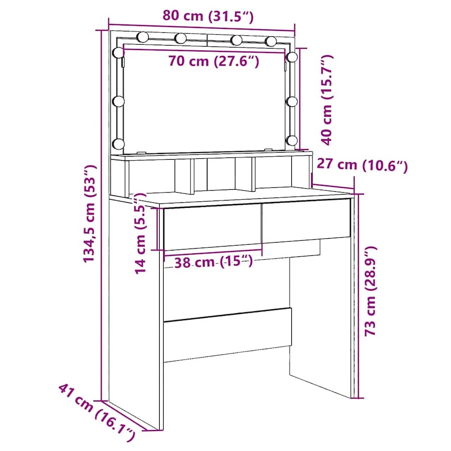 vidaXL Toaletka z oświetleniem LED, dąb sonoma, 80x41x134,5 cm