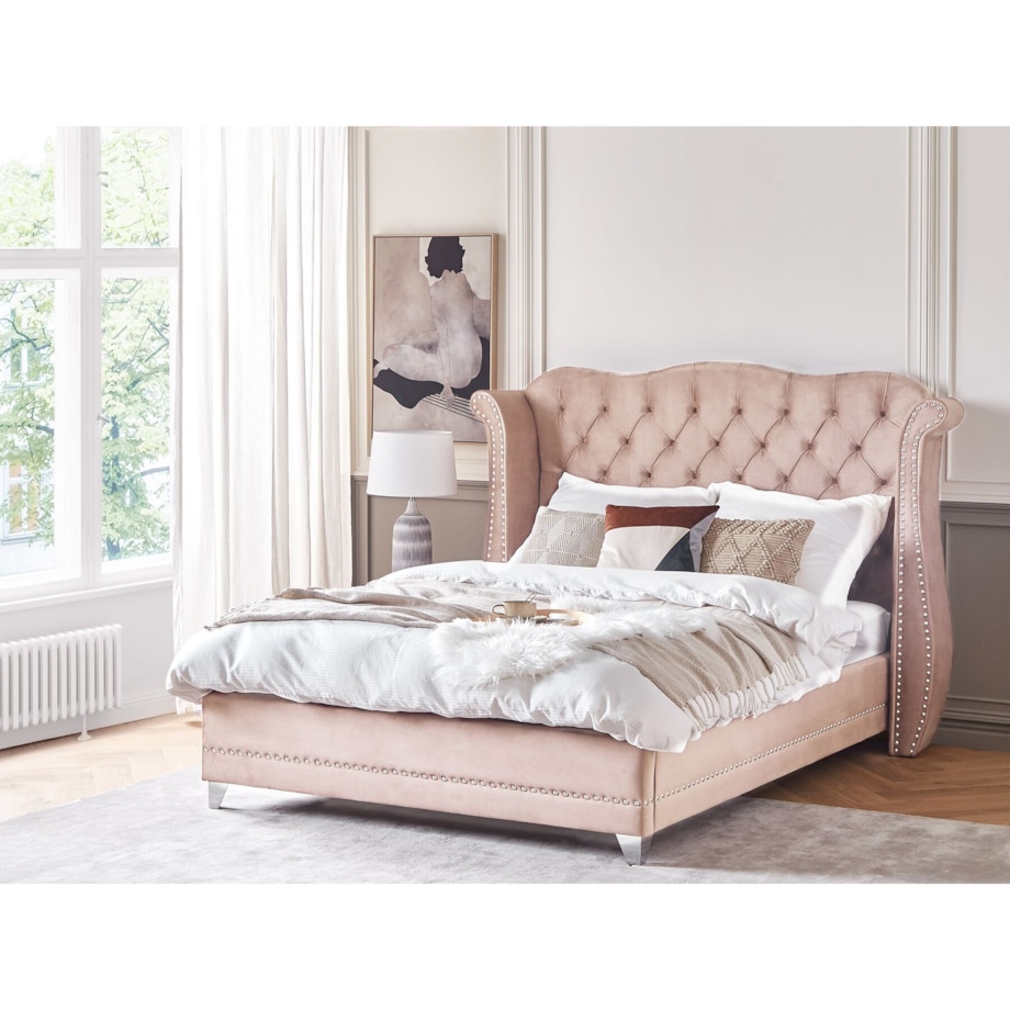 Łóżko welurowe 160 x 200 cm pastelowy róż AYETTE