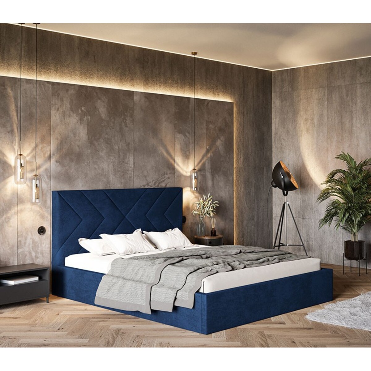Łóżko tapicerowane 140x200 OLDO 1 z pojemnikiem na pościel - granatowe