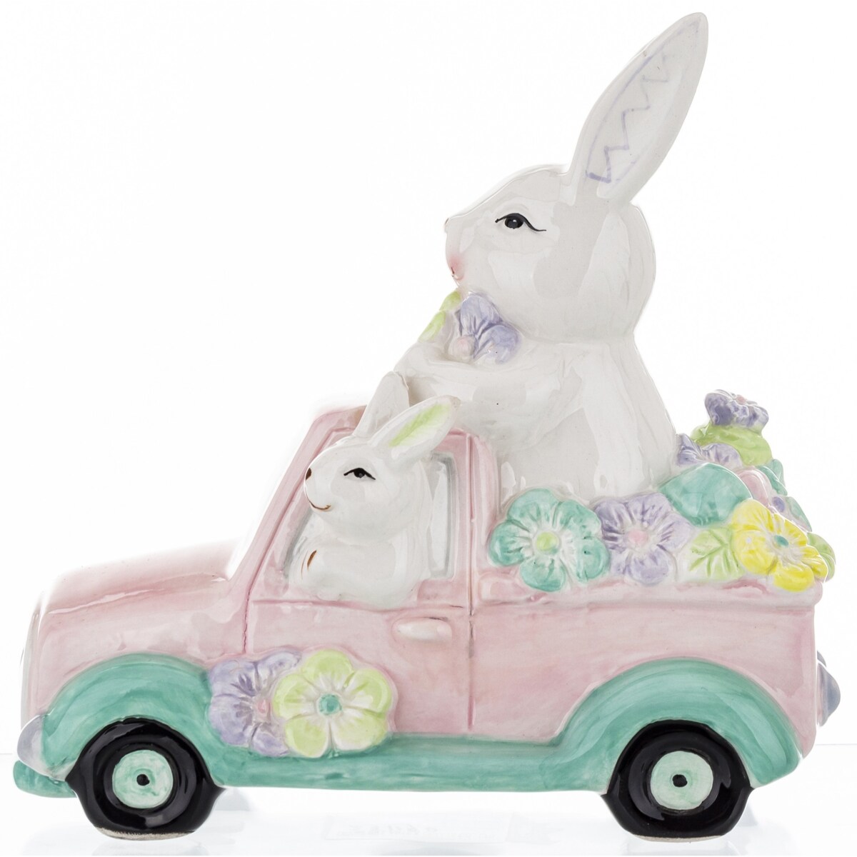 Dekoracja - króliki w samochodzie z kwiatami 20x10,5x19 cm różowy
