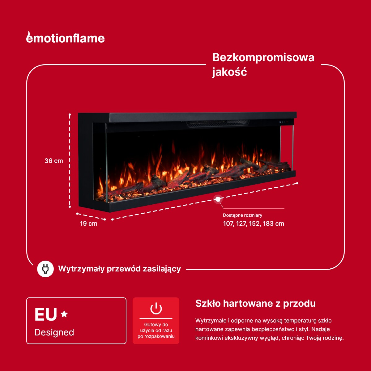 Kominek elektryczny à 3 côtés Emotion Flame Unity 107 - ścienny i do zabudowy - 107x19x36 cm - kominek LED - 900/1800 W