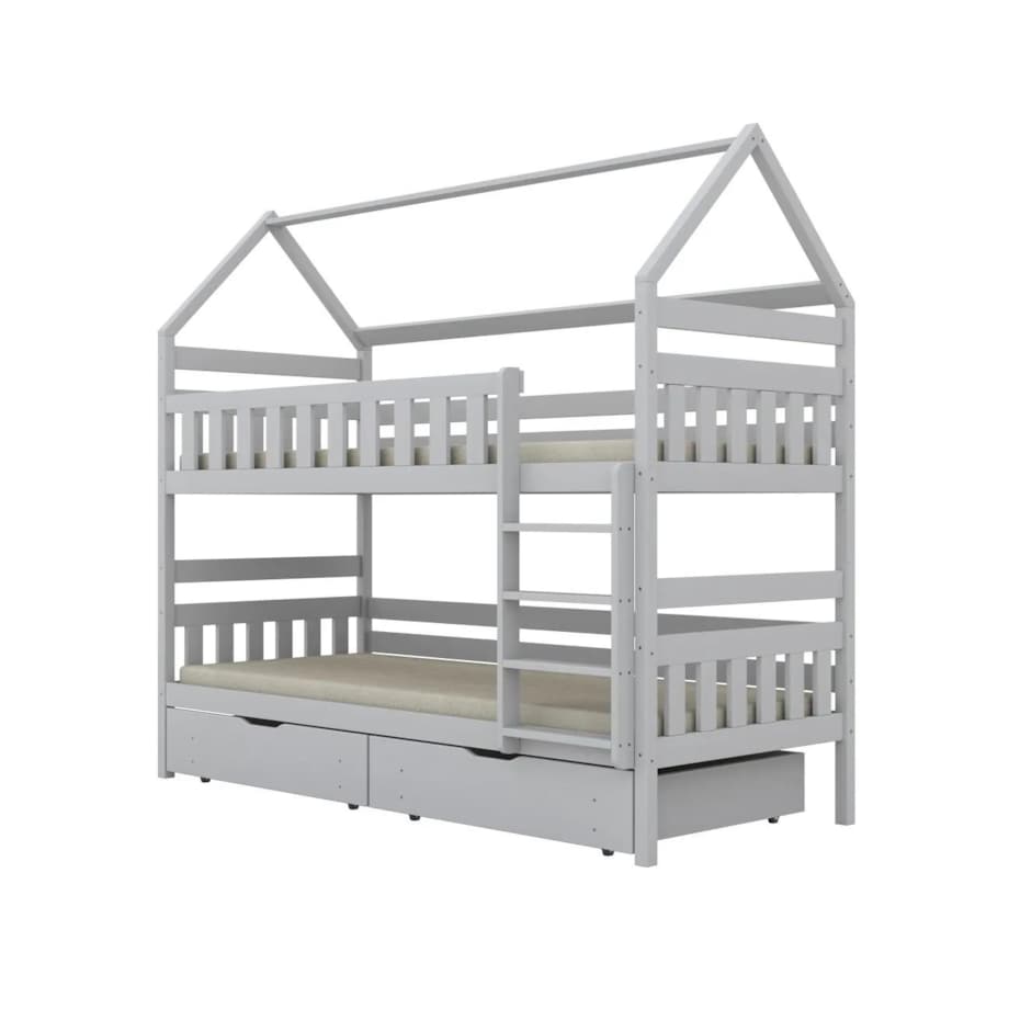 Łóżko piętrowe domek FELIKS 200x90 białe drewniane z szufladami