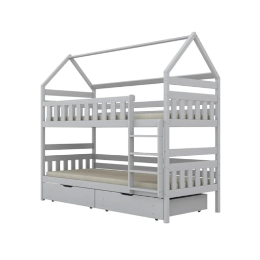 Łóżko piętrowe domek FELIKS 200x90 białe drewniane z szufladami