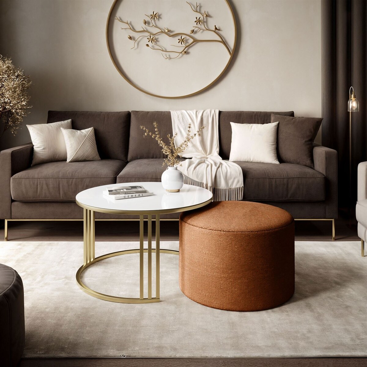 Stolik kawowy z pufą LORI GLASS złoto szczotkowane, białe szkło / Perfect Harmony 52