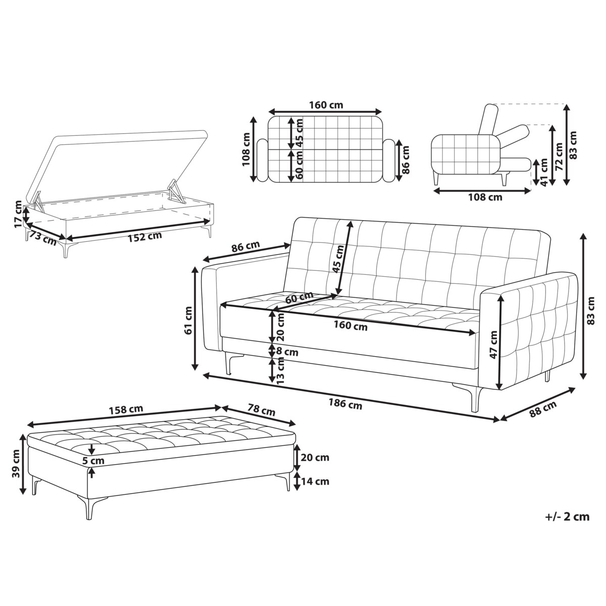 Sofa rozkładana welurowa z otomaną ze schowkiem zielona ABERDEEN