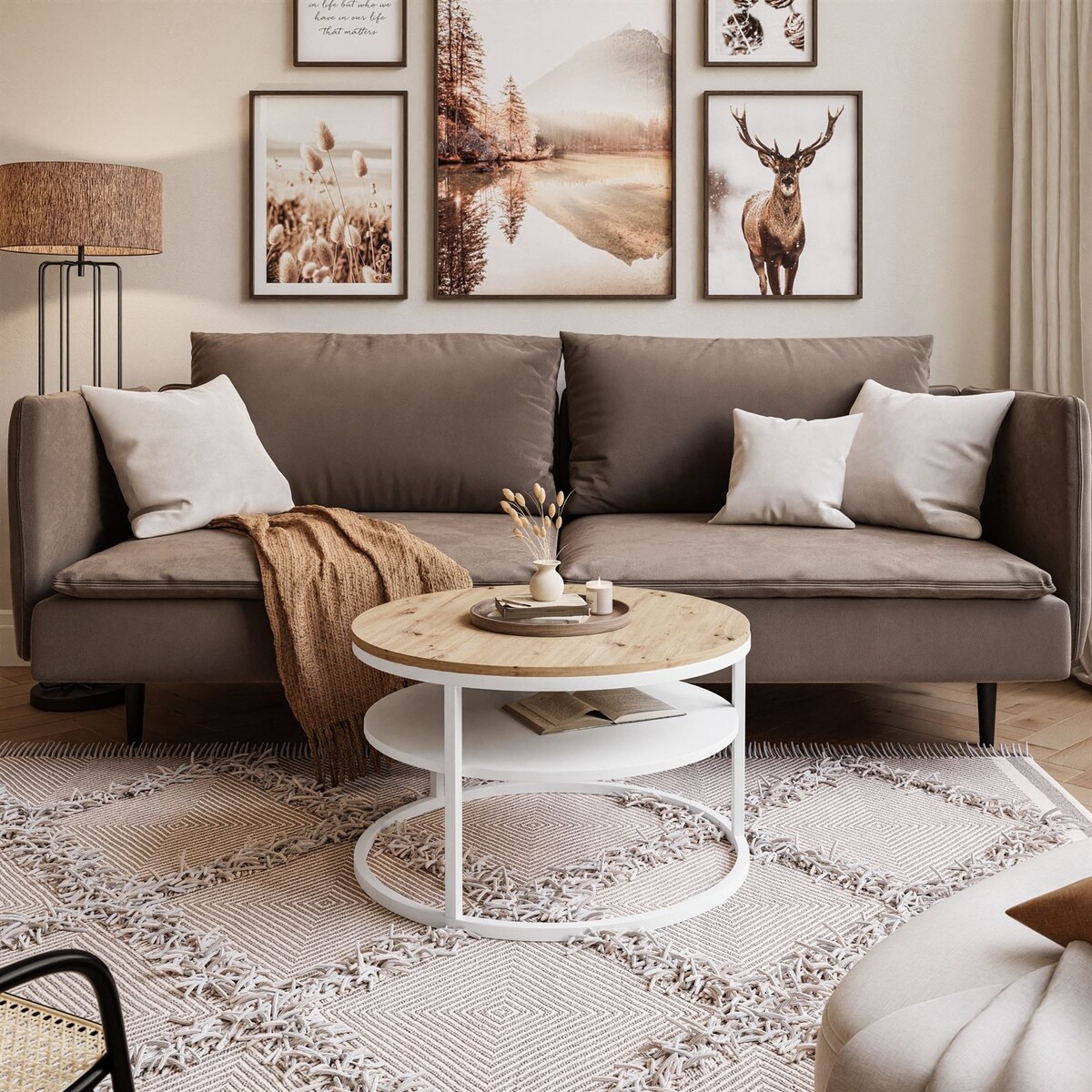 Stolik kawowy CIRI SLIM z półką biały dąb artisan