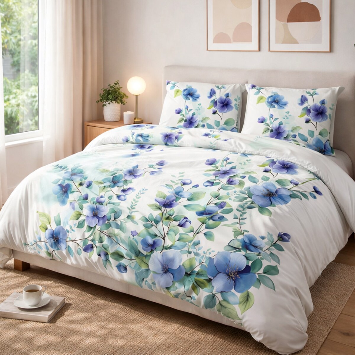 Pościel satyna bawełniana 160x200 Azurea biała w niebieskie kwiaty, Satynlove Premium