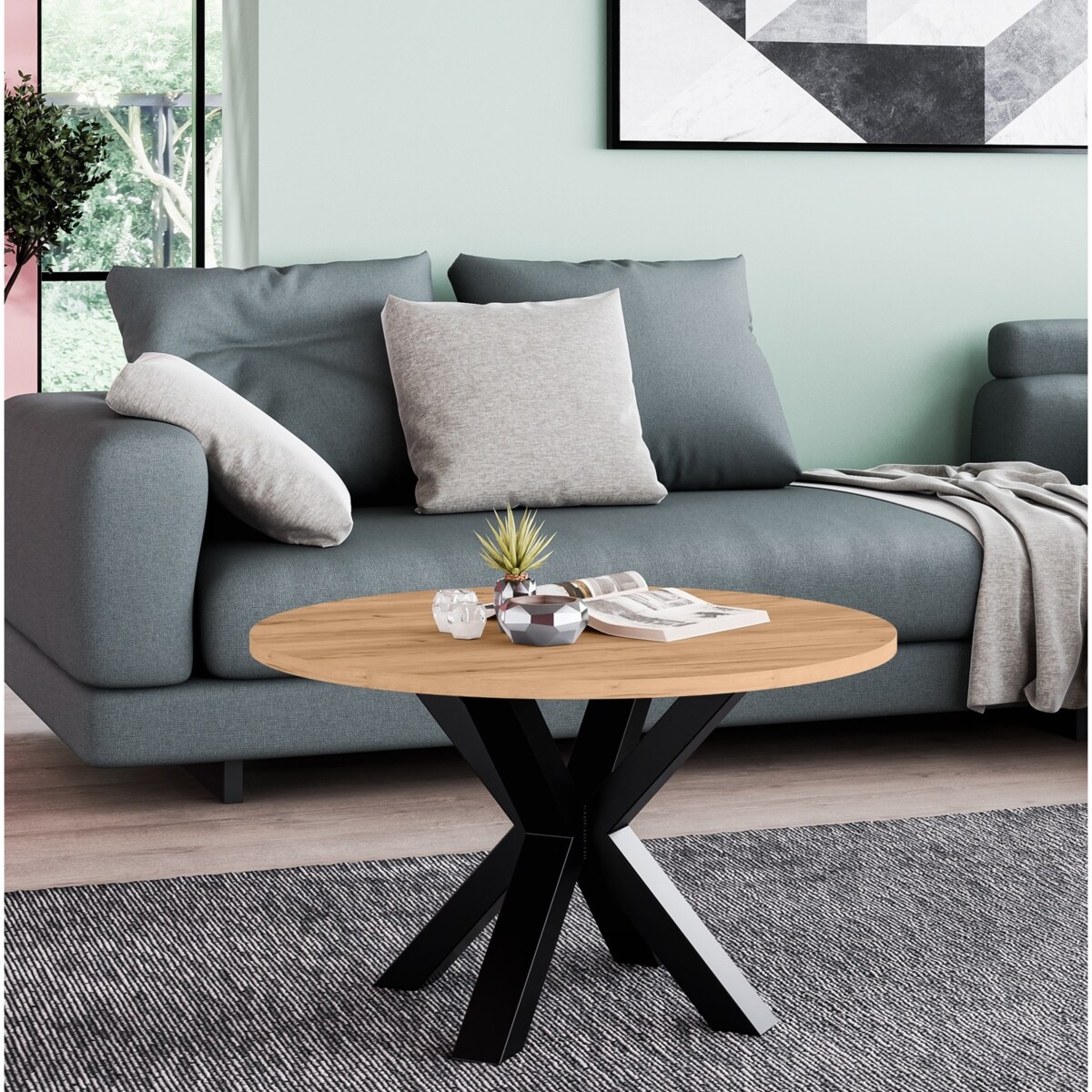 Stolik kawowy NEO okrągły 90 cm, metalowa podstawa-dąb craft złoty