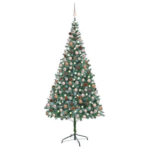 vidaXL Sztuczna choinka z lampkami, bombkami i szyszkami, 210 cm