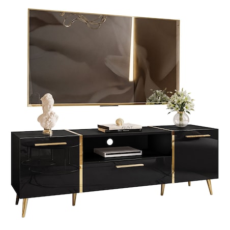 Szafka RTV ONYX na złotych nóżkach wysoki połysk 158 cm, carny połysk, złote uchwyty