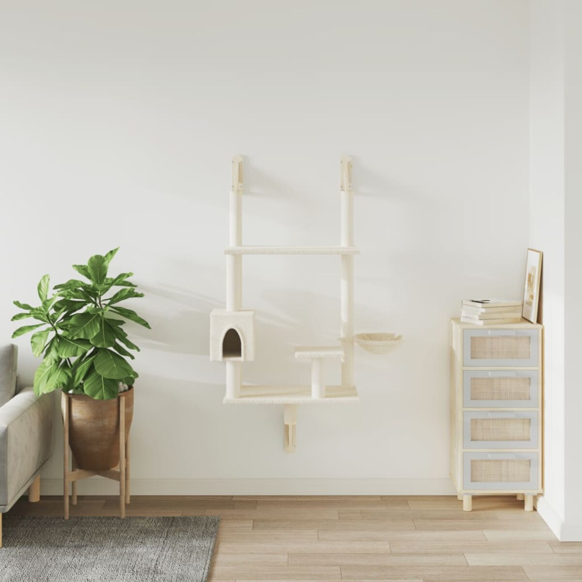 vidaXL Ścienne drzewko dla kota z drapakiem, kremowe, 153 cm