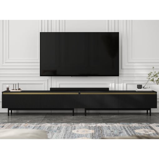 Nowoczesna Szafka RTV Glamour Komoda RTV Czarny Mat 280 cm czarne akcenty