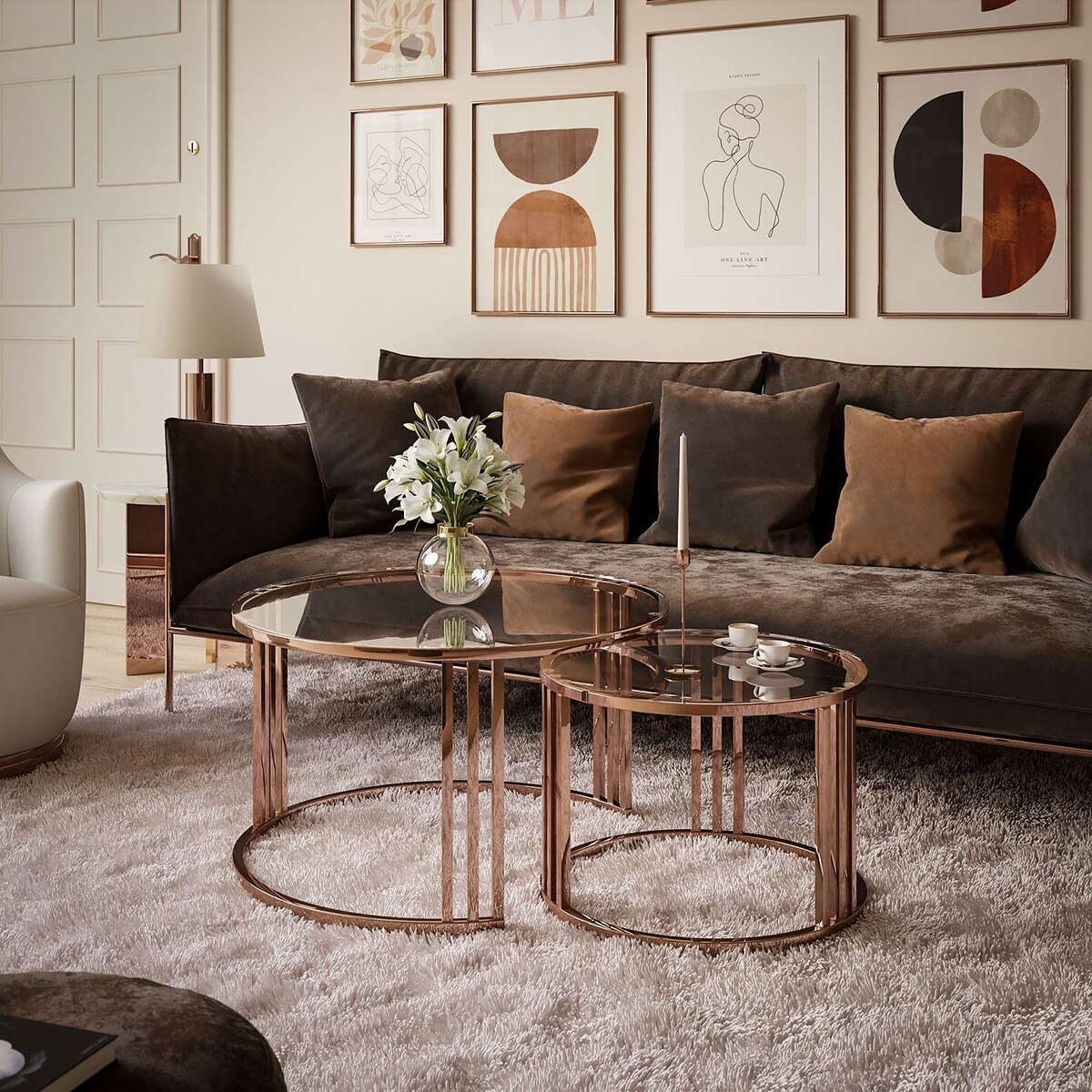 Zestaw stolików kawowych LORI 2w1, miedziana podstawa, przezroczyste szkło