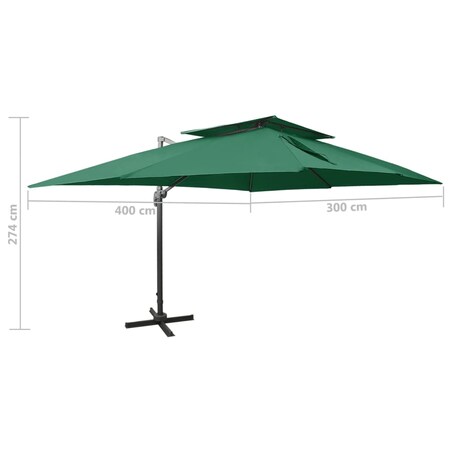 vidaXL Parasol wiszący z podwójną czaszą, 400x300 cm, zielony