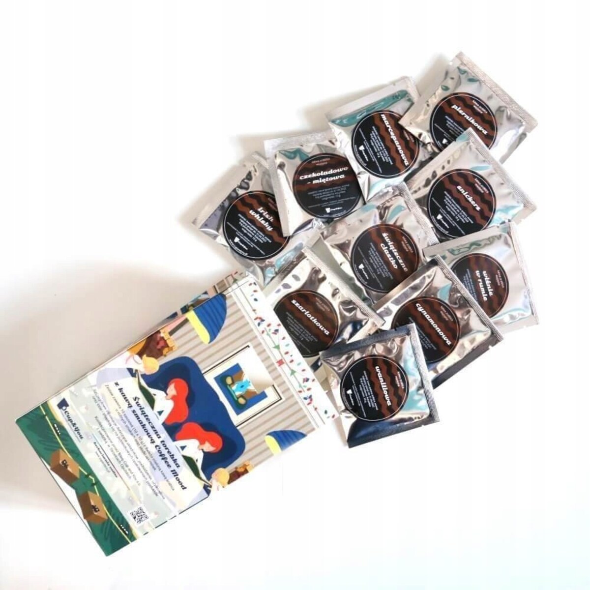 ZESTAW PREZENTOWY BOX KAWY SMAKOWE MIELONE W SASZETKACH MIX PREZENT UPOMINEK POD CHOINKĘ NA ŚWIĘTA GWIAZDKĘ MIKOŁAJA BOŻE NARODZENIE DLA KOBIETY FACETA MĘŻCZYZNY