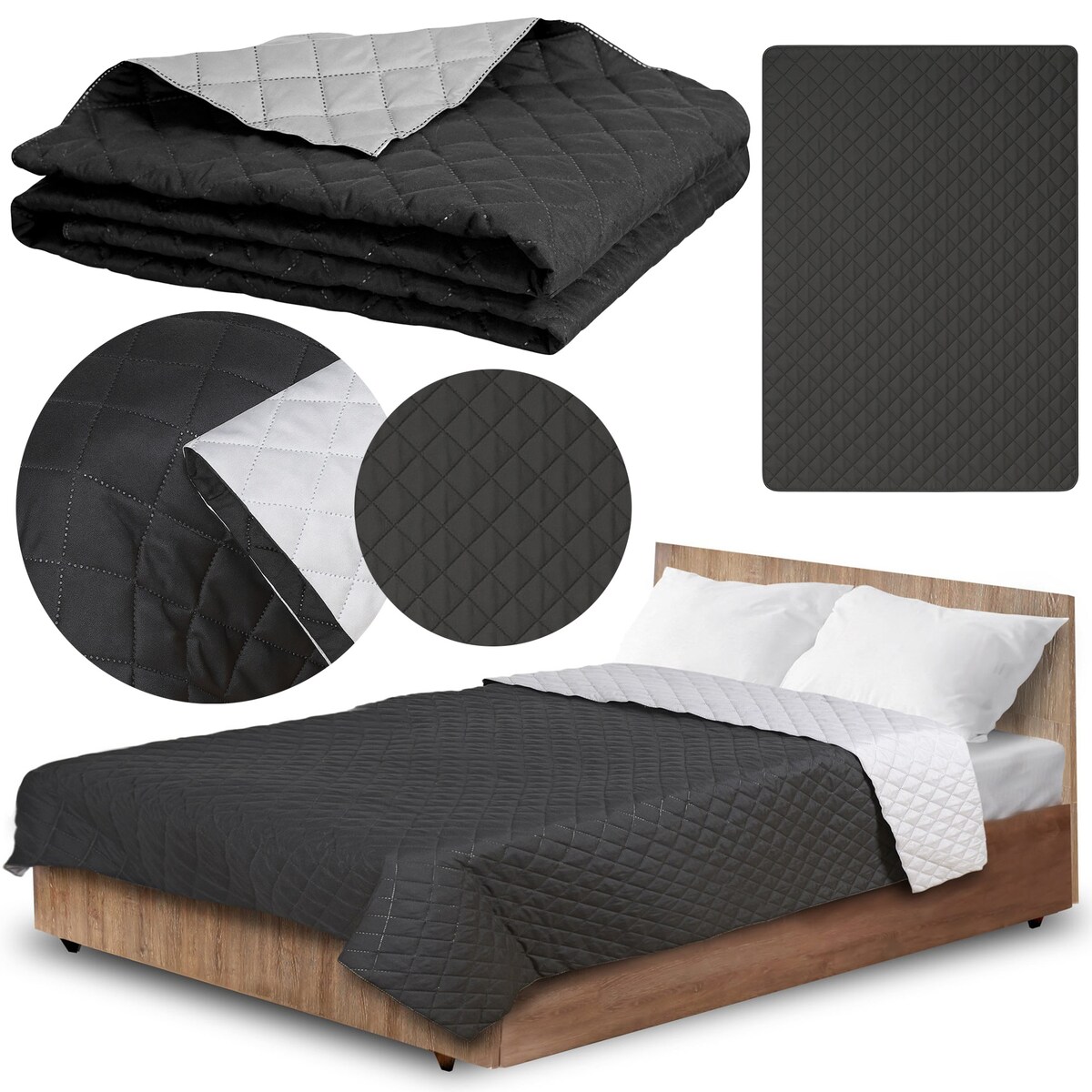 Narzuta Na Łóżko Kanapę Na Plażę Pikowana 220X240 Cm Szaro-Czarna