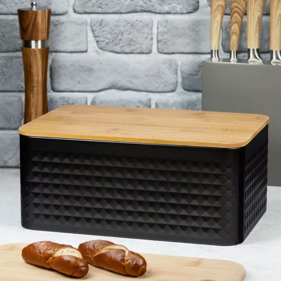 Chlebak stalowy z deską do krojenia pojemnik na chleb pieczywo czarny KINGHOFF