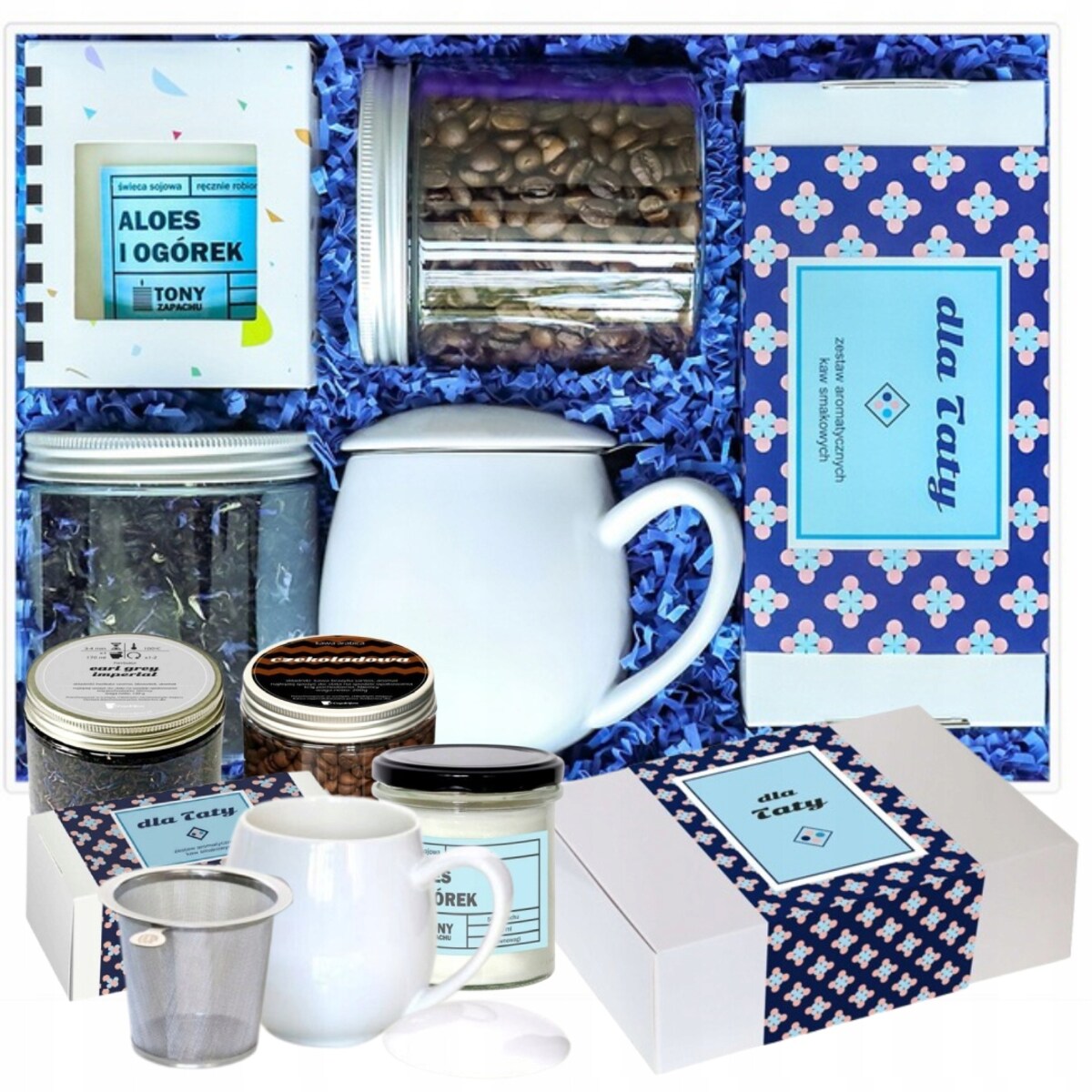 Duży BOX z kawą i herbatą na Dzień Ojca z zaparzaczem i świecą upominek
