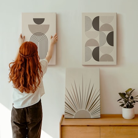 Zestaw 3 dużych obrazów na płótnie - Abstrakcyjne kształty beż brąz - beżowy