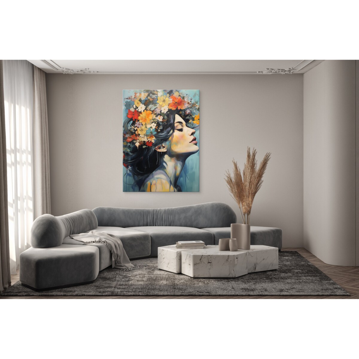 Obraz Do Salonu PORTRET Kobiety Pastelowe Kwiaty 80x120cm