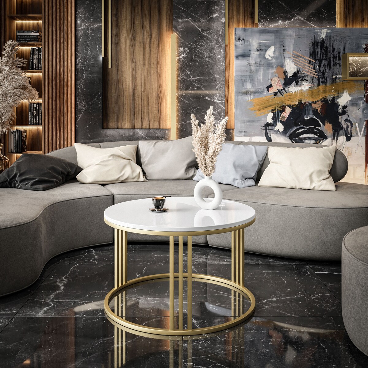 Okrągły stolik kawowy LORI złoty mat biały połysk