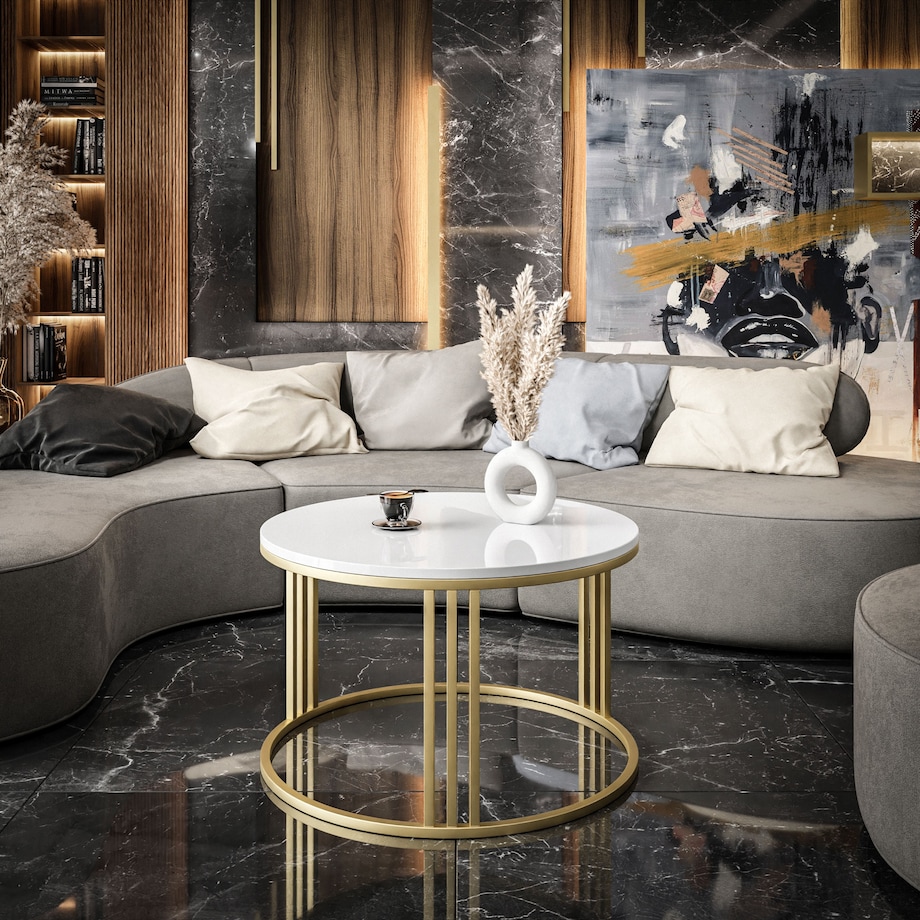Okrągły stolik kawowy LORI złoty mat biały połysk