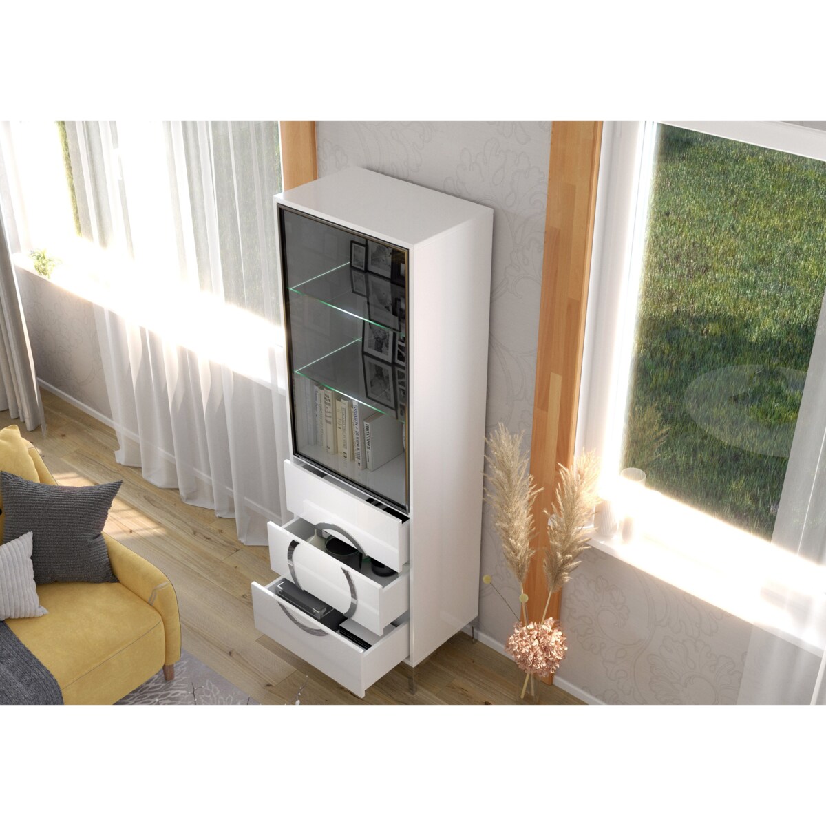 Biała nowoczesna witryna Dancan EVA ze szklanymi drzwiami / połysk