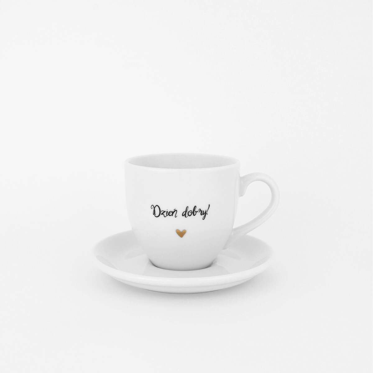 Biała filiżanka porcelanowa do espresso ze spodkiem 100 ml - napis Dzień dobry ze złotym sercem dla miłośnika kawy na urodziny