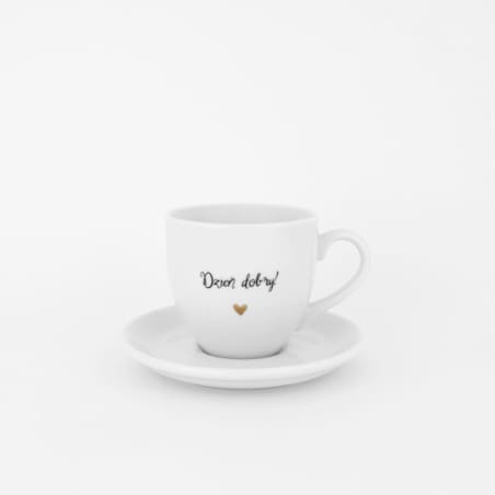 Biała filiżanka porcelanowa do espresso ze spodkiem 100 ml - napis Dzień dobry ze złotym sercem dla miłośnika kawy na urodziny
