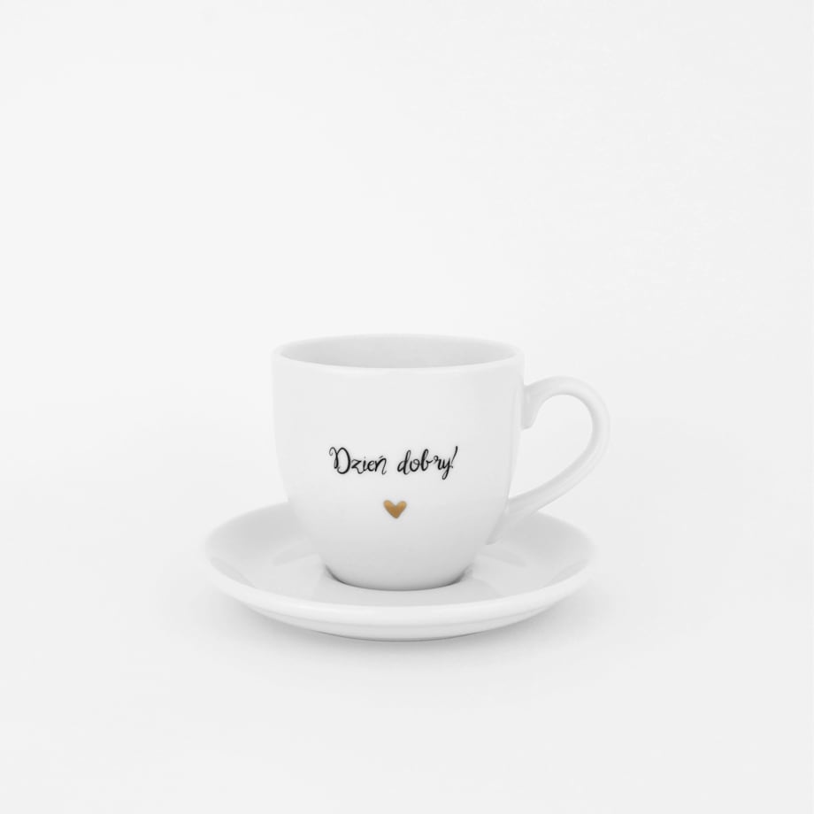 Biała filiżanka porcelanowa do espresso ze spodkiem 100 ml - napis Dzień dobry ze złotym sercem dla miłośnika kawy na urodziny