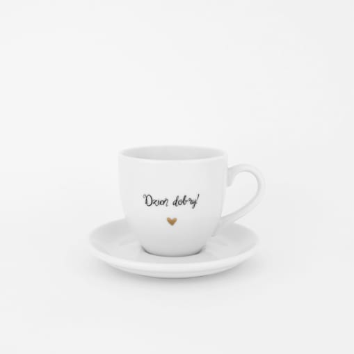 Biała filiżanka porcelanowa do espresso ze spodkiem 100 ml - napis Dzień dobry ze złotym sercem dla miłośnika kawy na urodziny