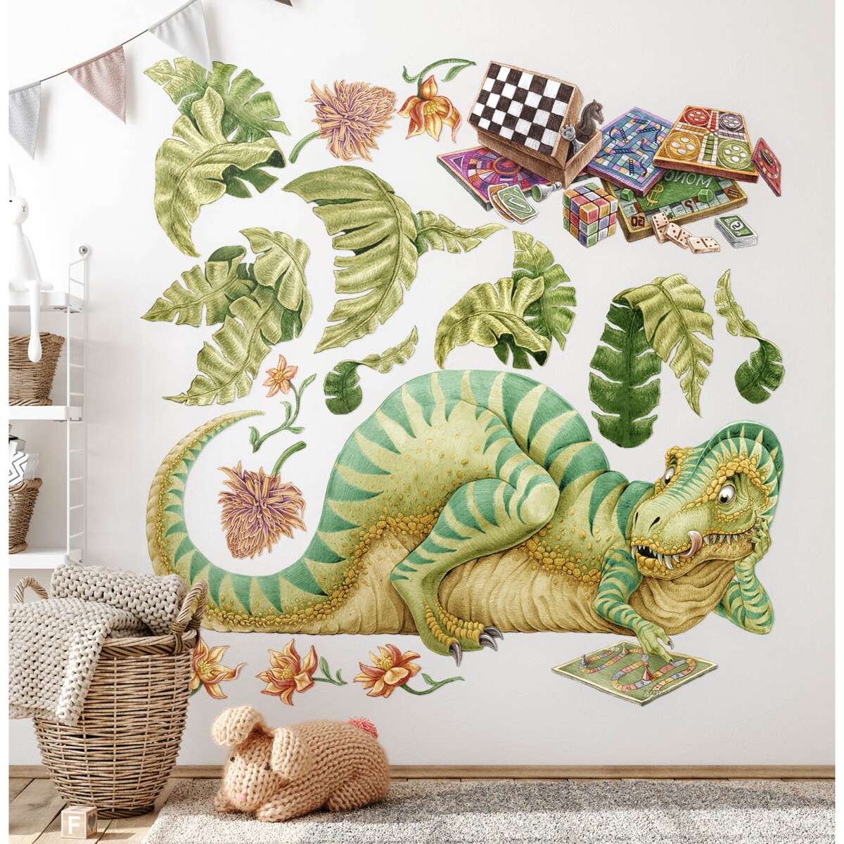 Zestaw naklejek na ścianę, Pastelowy Dinozaur z planszówką, 100cm