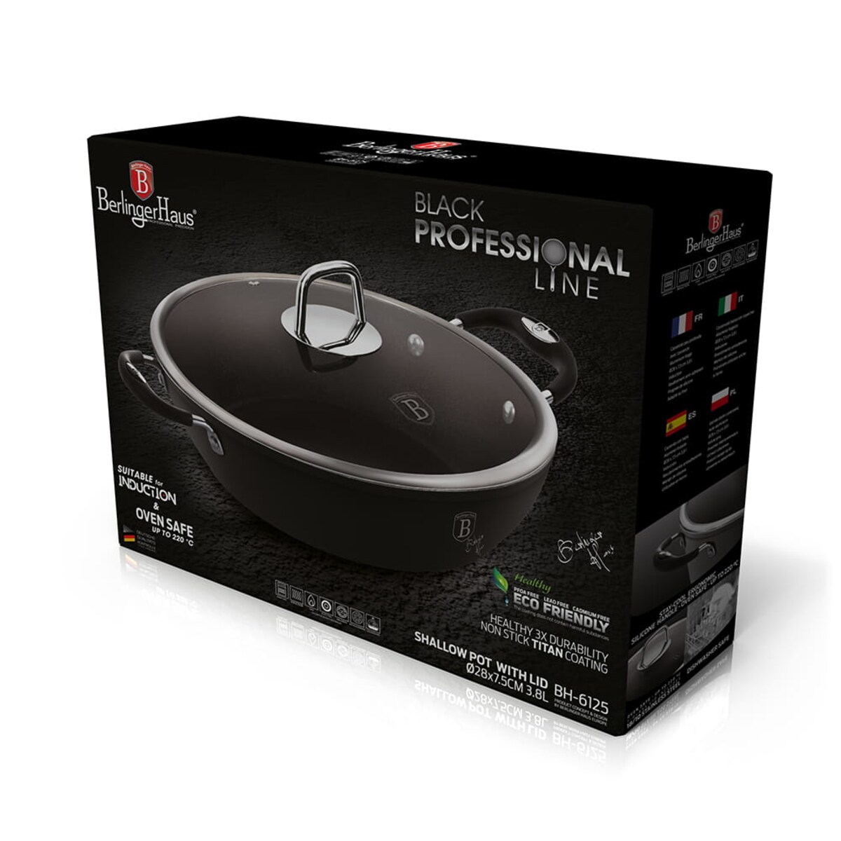 Garnek płytki 3,8L z pokrywką 28cm czarny Berlinger Haus BH-6125