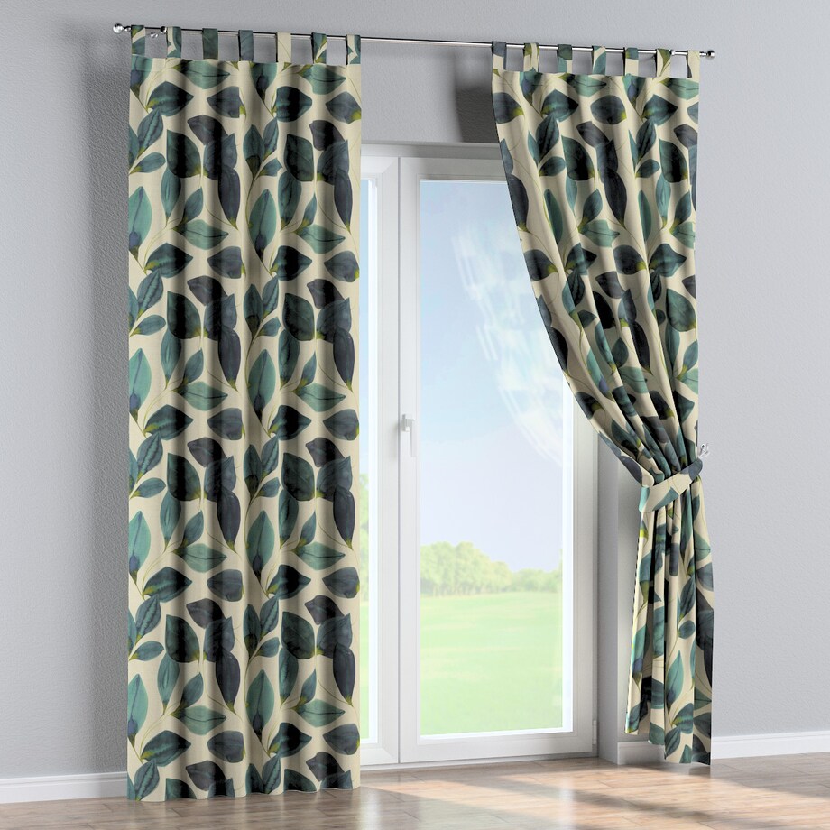 Zasłona na szelkach 1 szt. 130x245 liście w kolorze szmaragdowej zieleni z fioletem na lnianym tle