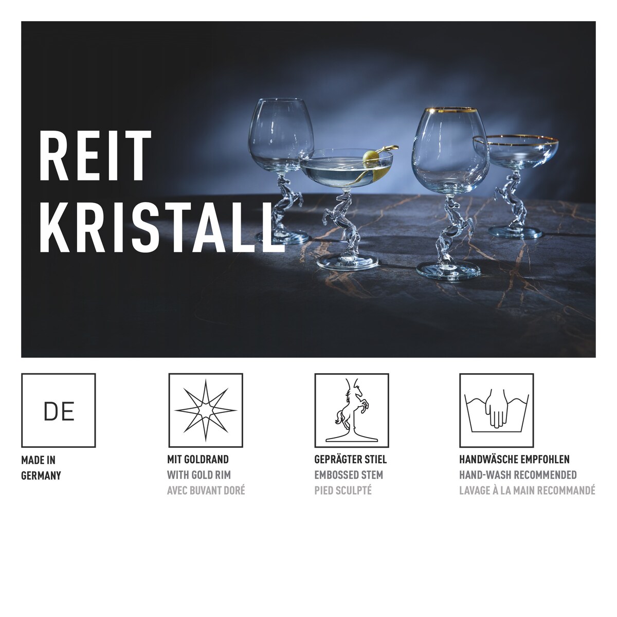 Ritzenhoff Kieliszek do wina kryształ rzeźbiony, złoty rant Reitkristall motyw koń wersja premium