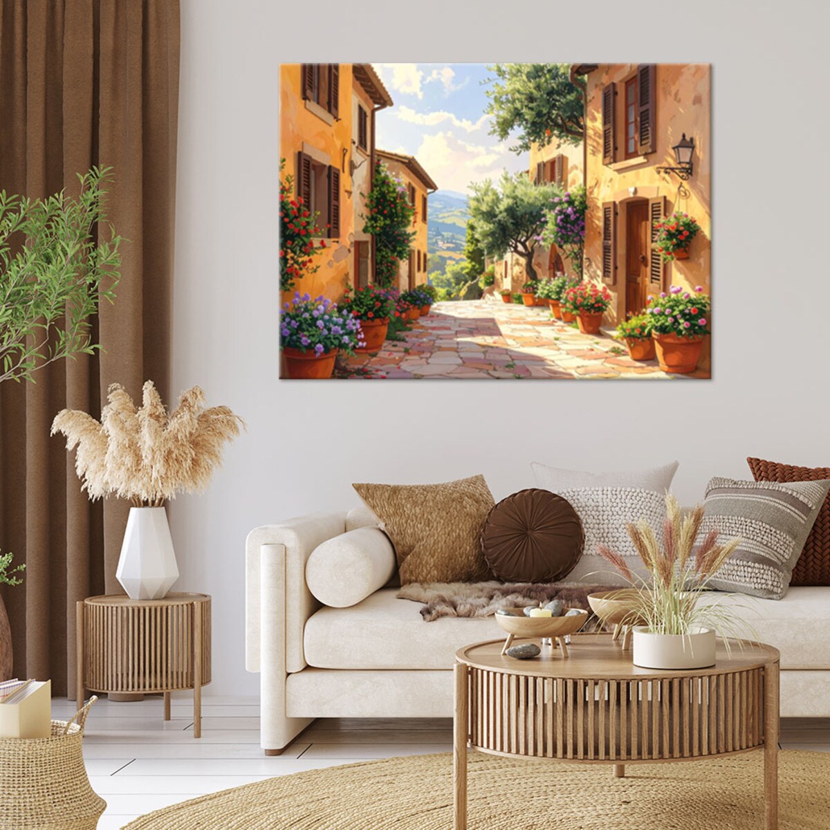 Obraz do salonu sypialni jadalni biura hotelu,Toskania kolorowe uliczki domy z kwiatami 90x60 cm