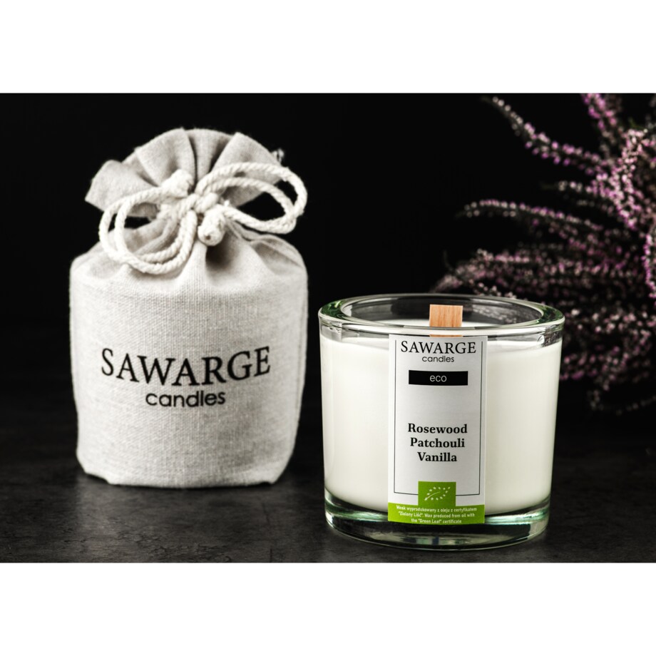 Ekologiczna Świeca Zapachowa Sojowa /Drewniany Knot/40h/Rosewood Vanilla Patchouli 200g
