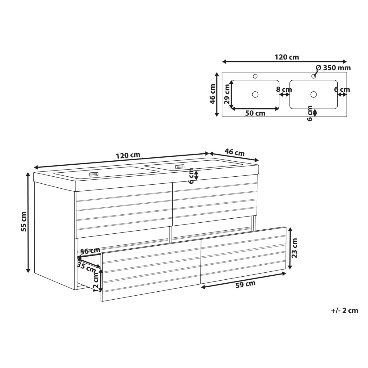 Szafka łazienkowa wisząca z podwójną umywalką URUCU 120 cm 55 cm Jasnobrązowy