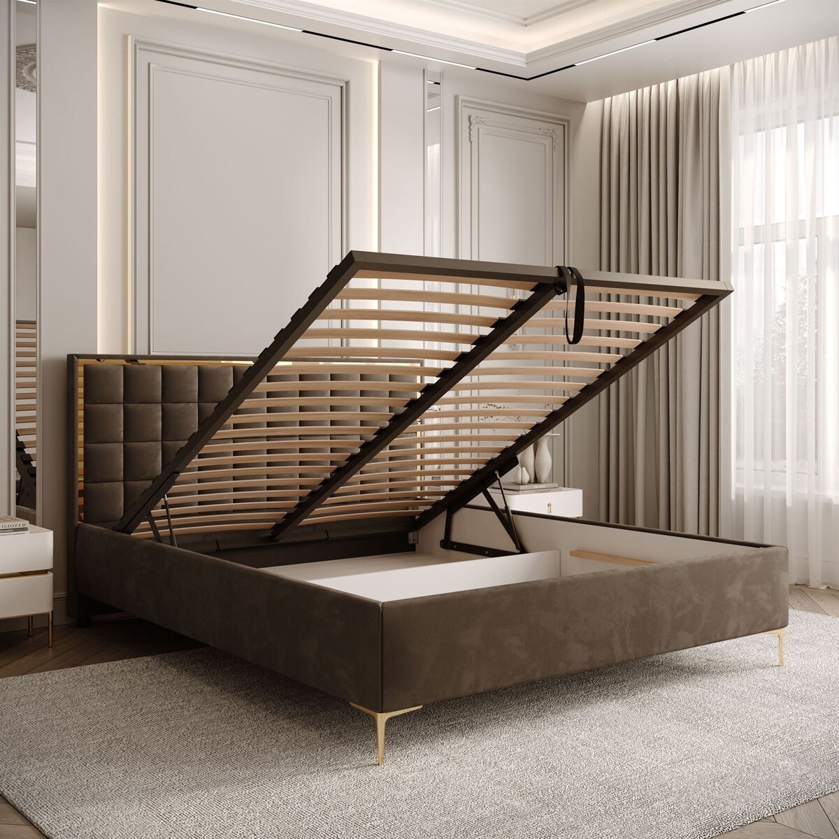 Łóżko tapicerowane ISADORA GOLD, pojemnik na pościel, stelaż 34, 140x200, RV 196