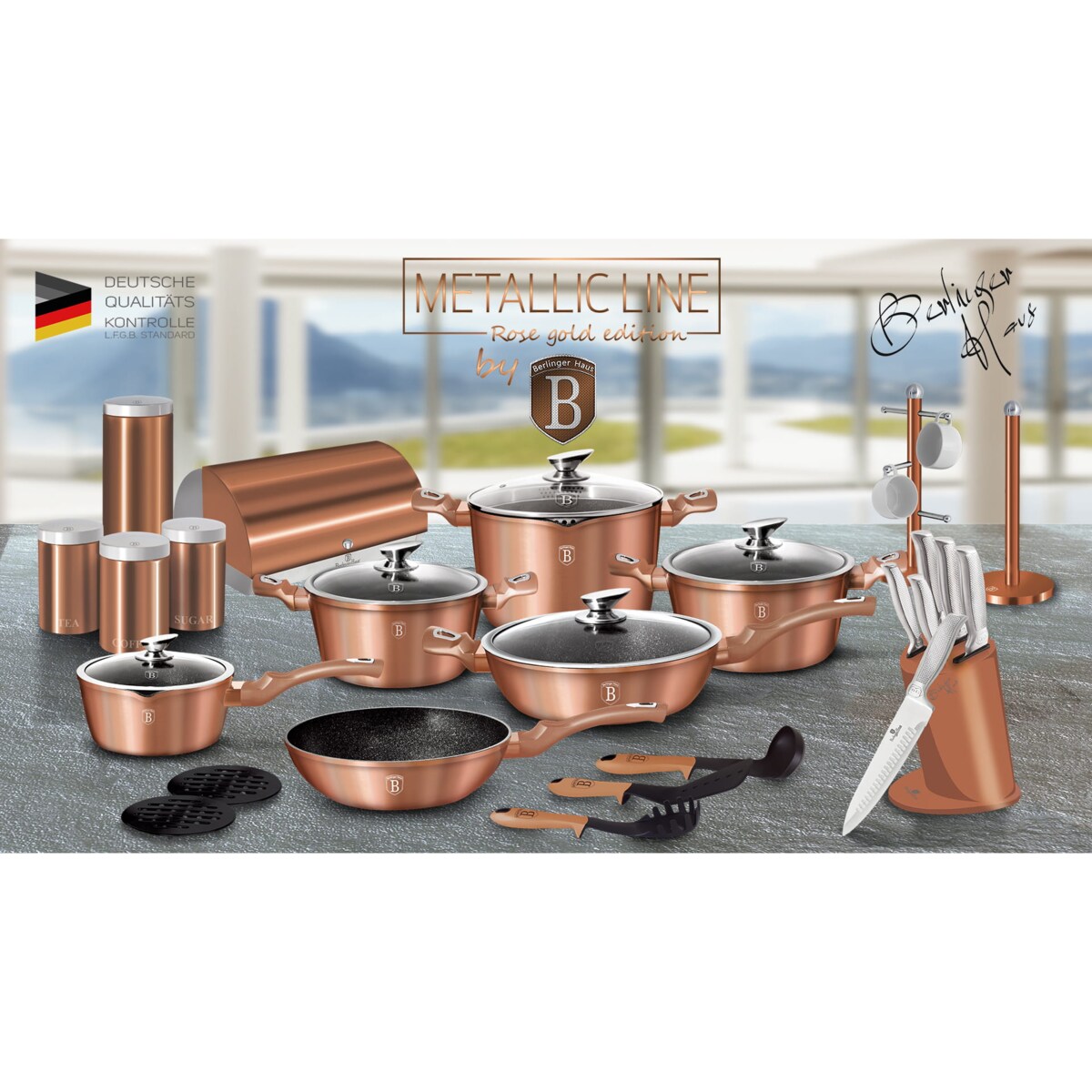 Zestaw 11 elementów garnki, patelnie, pokrywki Rose Gold Berlinger Haus BH-6191