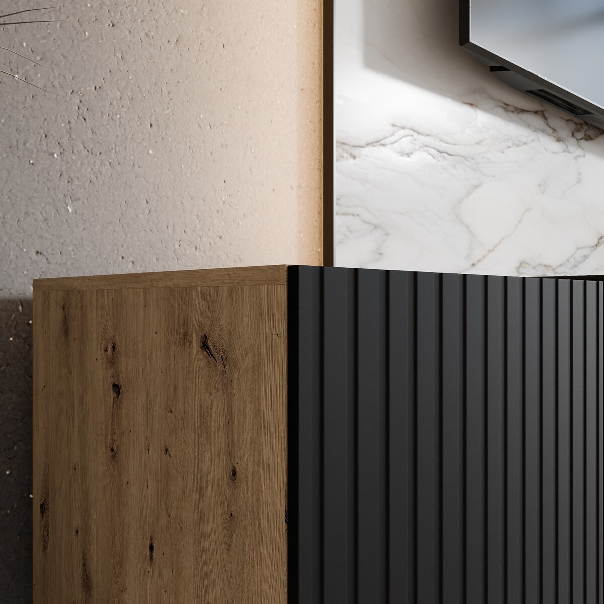 Szafka RTV RIO 300 zamknięta pod telewizor ,ryflowana- artisan+czarny