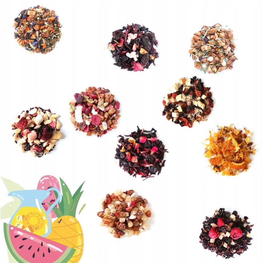 ZESTAW 10 ORZEŹWIAJĄCYCH HERBAT SYPANYCH OWOCOWYCH NA ZIMNO JAKO ICE TEA + ZAPARZACZ NA LATO - PREZENT UPOMINEK DLA FACETA KOBIETY NIEJ NIEGO