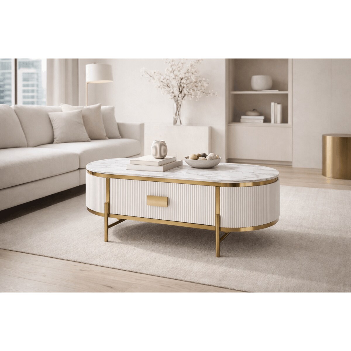 Stolik kawowy glamour z szufladą i marmurem Omega 124x71x48