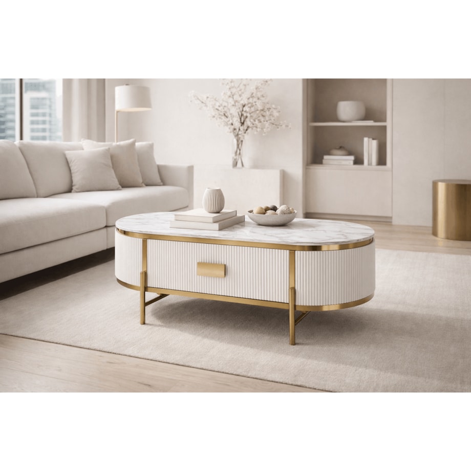 Stolik kawowy glamour z szufladą i marmurem Omega 124x71x48